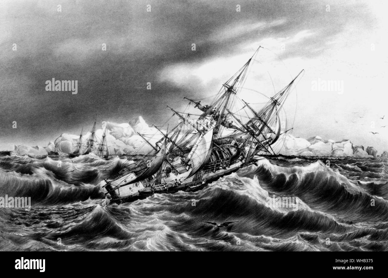 Une peinture par Le Breton des corvettes pour combattre une gale stong près de la Powell îles. 27 Janvier 1838 Banque D'Images