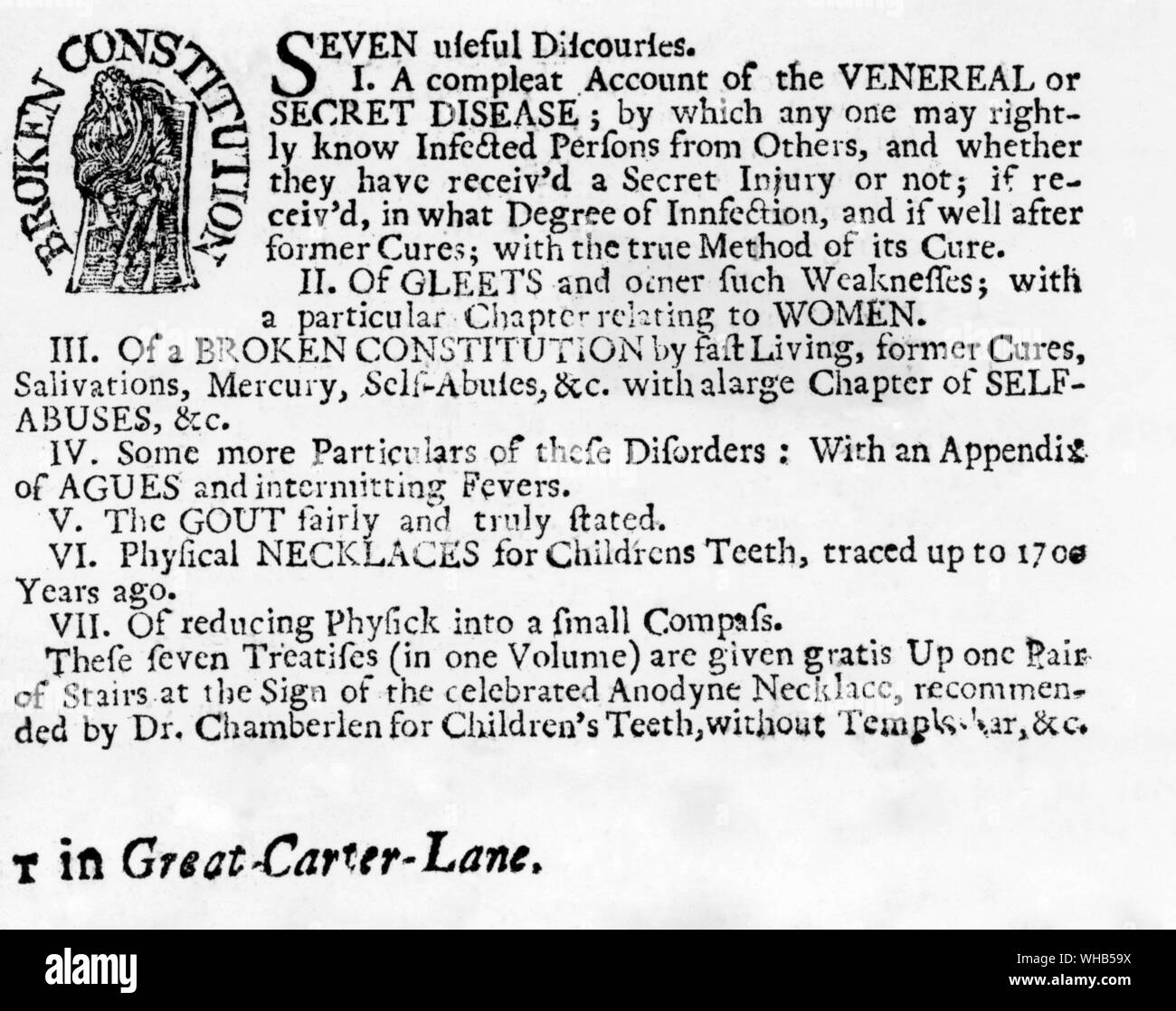 La maladie vénérienne 18e siècle : Publicité dans le Journal de Londres , mai 1720 Banque D'Images