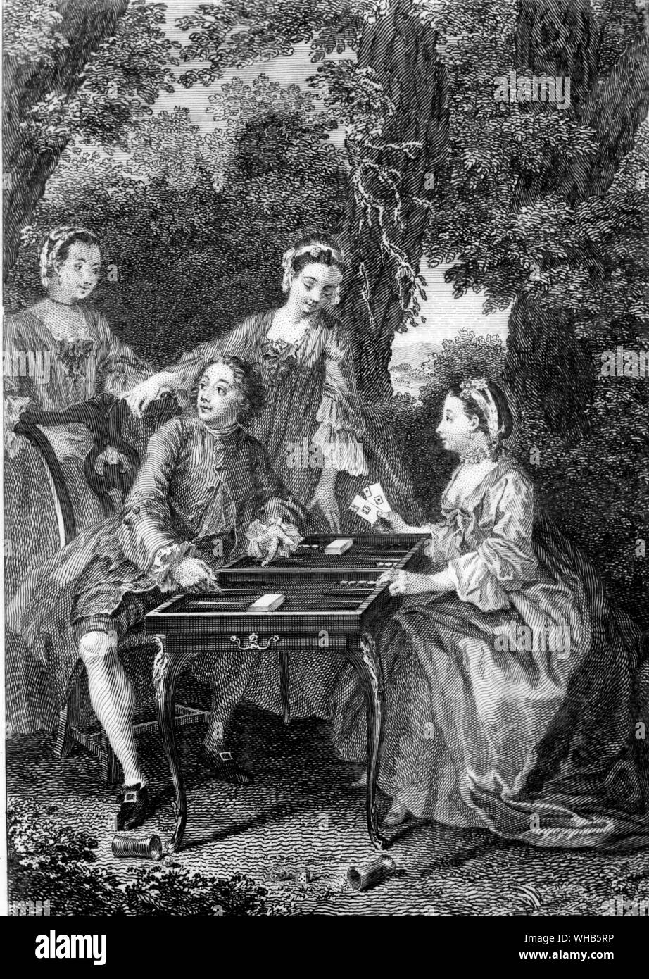 Gravure par une marchette : joueurs de cartes sur un Jacquet Banque D'Images