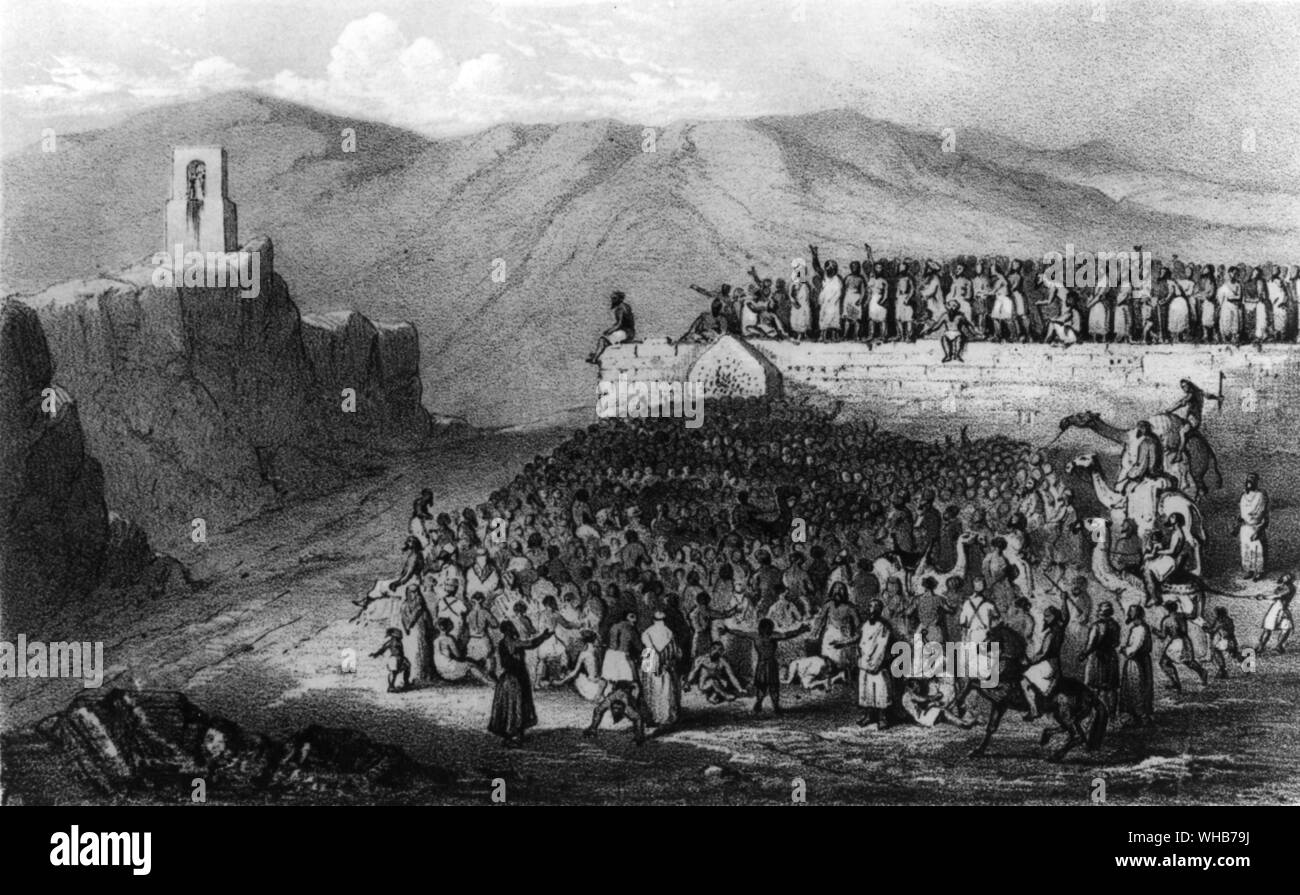 Jeter maux. La lapidation le grand diable l'ancienne coutume de lancer des pierres sur un tas survit encore dans le cadre du pèlerinage musulman à La Mecque dans un site près de la ville sacrée les pierres sont lancées sur un contrefort symbolise la personne qui visite le roi de l'Éthiopie sur son voyage à détruire la Mecque, en l'année de naissance de Muhammed Sir Richard Burton Pèlerinage à El Medinah et Meccah 1855-6 Banque D'Images