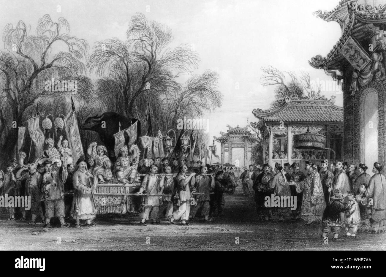 L'esprit de la végétation représentée par un animal. Lors de la réunion annuelle de rite du printemps en Chine une effigie d'un Buffalo a été portée à un temple et lapidé. Les morceaux cassés ont été gardées comme garanties de bonne chance au cours de l'année à venir . G N Wright Chine Ses paysages l'architecture et les habitudes sociales 1843 Banque D'Images