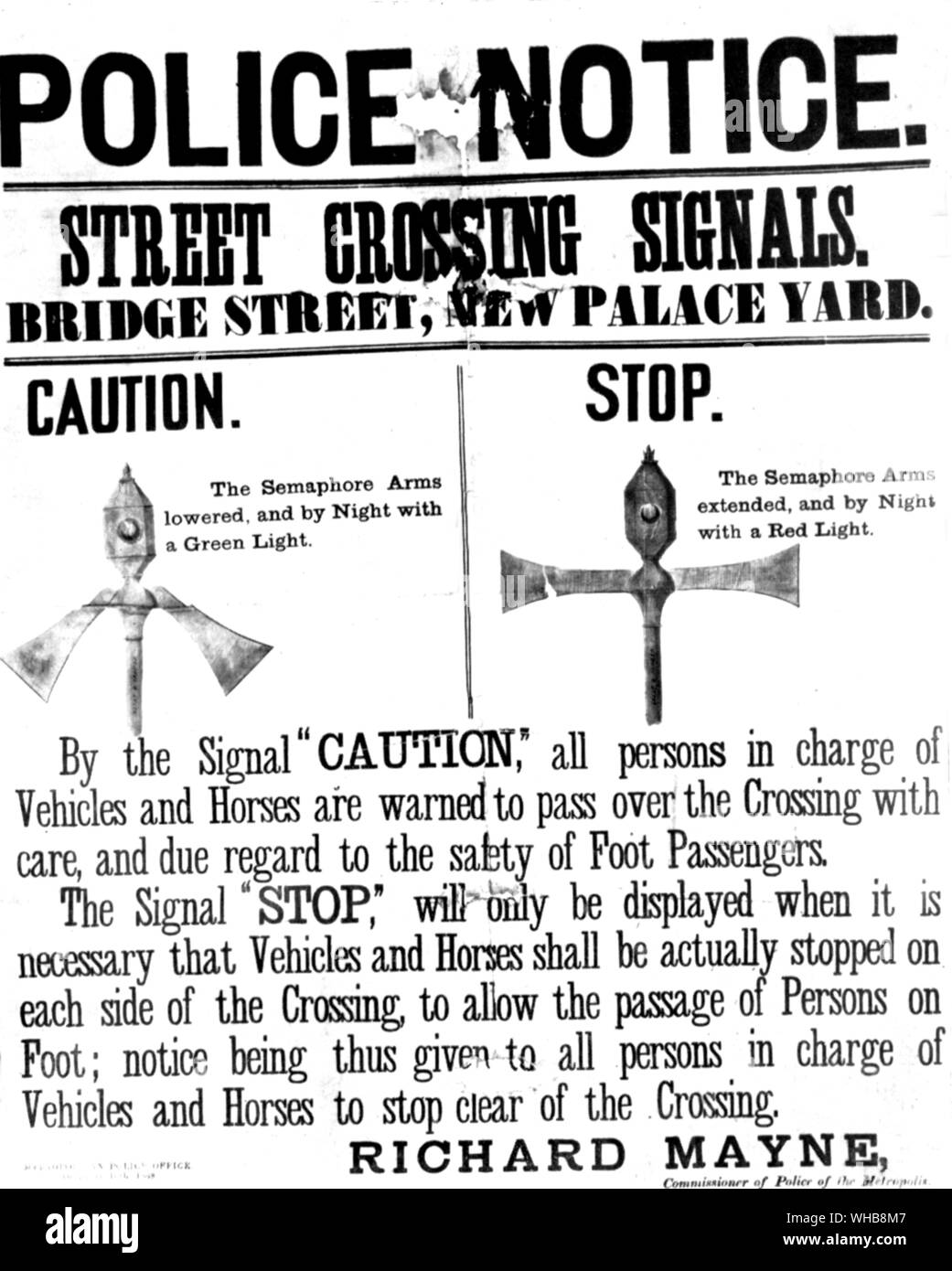 Les infractions de conduite automobile. Avis du premier système de feux de circulation en date du 10 décembre 1868 Banque D'Images
