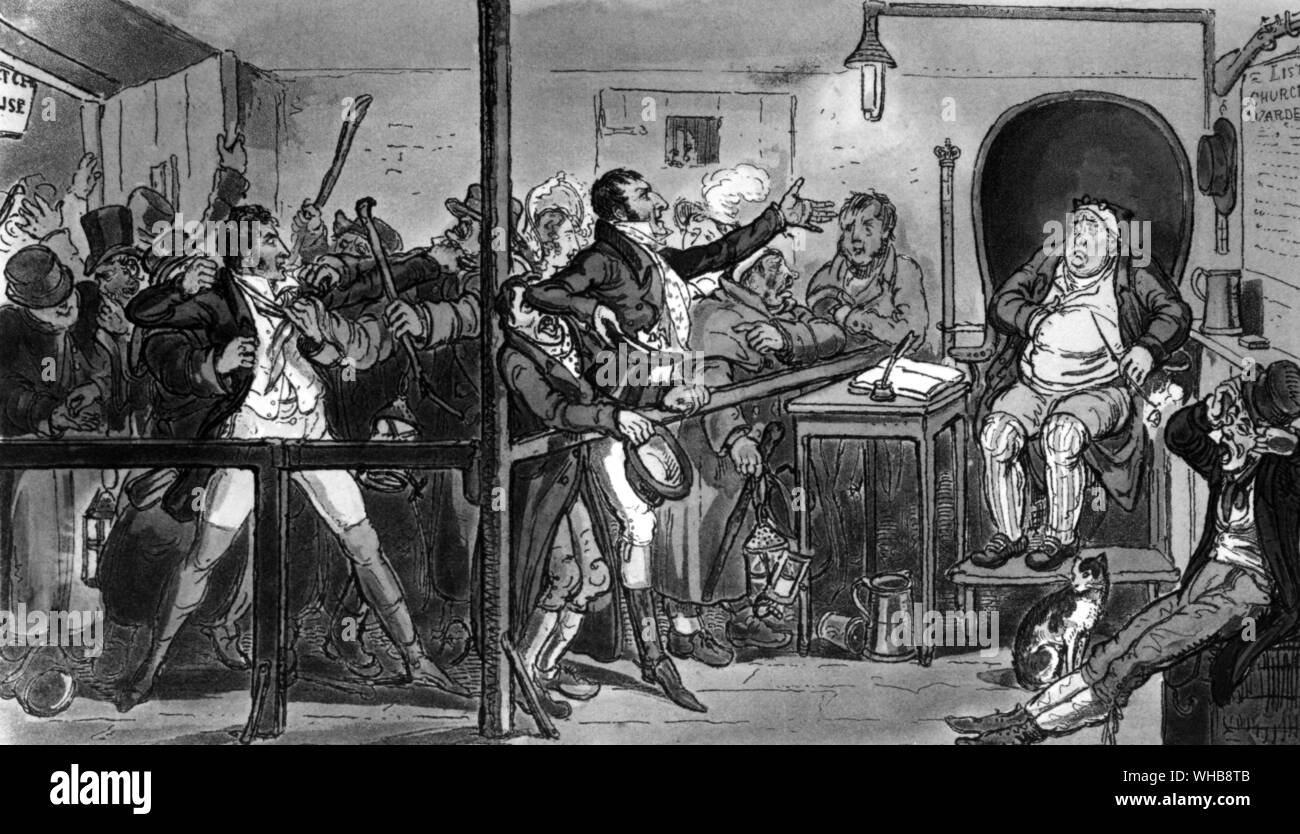 Tom & Jerry en difficulté après un Spree de Pierce Egan's Life in London 1821 dessiné et gravé par I. R. et G. Cruikshank. Le British Museum, Londres (Salle de lecture) (J. R. Freeman) - Tom et Jerry, ou de la vie à Londres était une adaptation théâtrale par William Moncrieff de Pierce Egan's Life in London, ou des jours et nuits de Jerry Hawthorne et son ami Tom corinthiennes élégant. Il avait couru à l'Adelphi Theatre de Londres entre 1821 et 1823 et plusieurs théâtres à New York à compter de 1823.. Banque D'Images