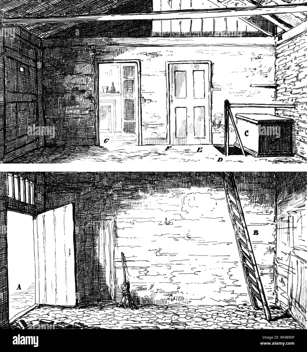 Vue de l'intérieur du grenier à foin de Cato Street occupé par les conspirateurs, 1820, par George Cruikshank - gravure au British Museum, Londres (salle d'impression) (J.R. Freeman). Banque D'Images