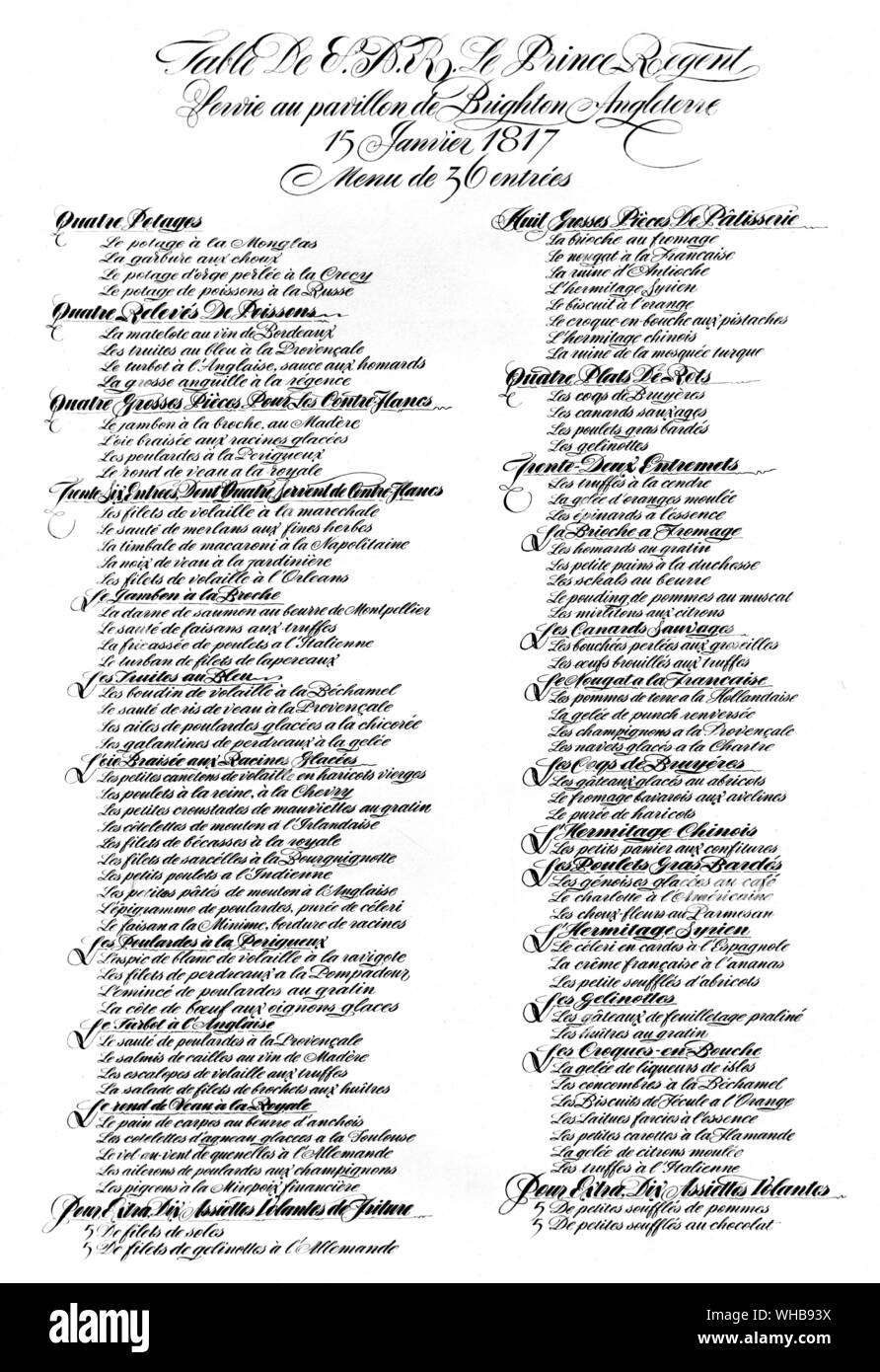 Menu avec 36 entrées 15 janvier 1817 . Banque D'Images
