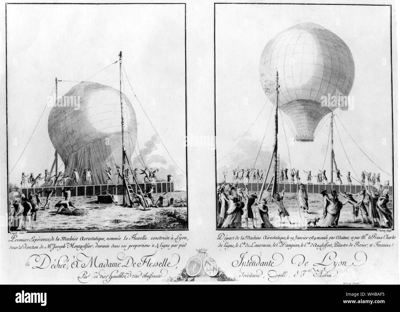 Lyon : Premier Découvrez de la machine Aerostatique nomme le Flesselle ... et s'écarter de la machine Aerostatique le plus grand jamais réalisé de montgolfières, appelé Le Flesselle par les frères Montgolfier , fait une ascension à Lyon , France . La capacité du ballon est 700 000 pieds cubes et il va jusqu'à 3 000 pieds . 19 Janvier 1784 Banque D'Images