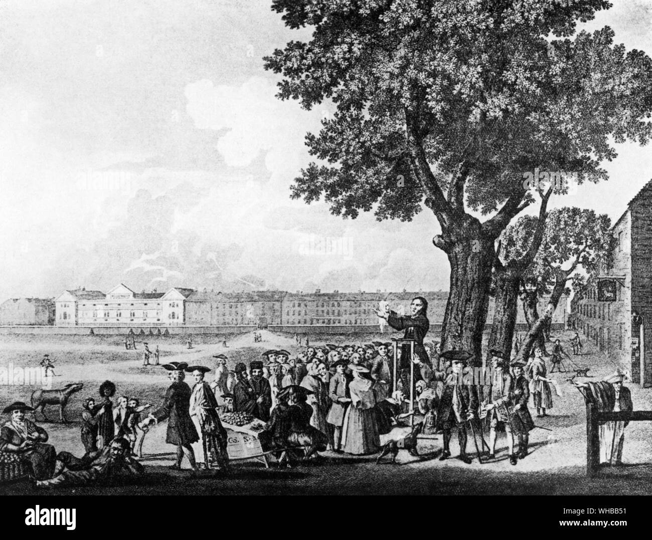 George Whitfield prêchant à Moorfields - dans l'arrière-plan est l'Hôpital Saint Luc. Beresford Chancellor. . Gravure de R. Prancker 1750. Banque D'Images