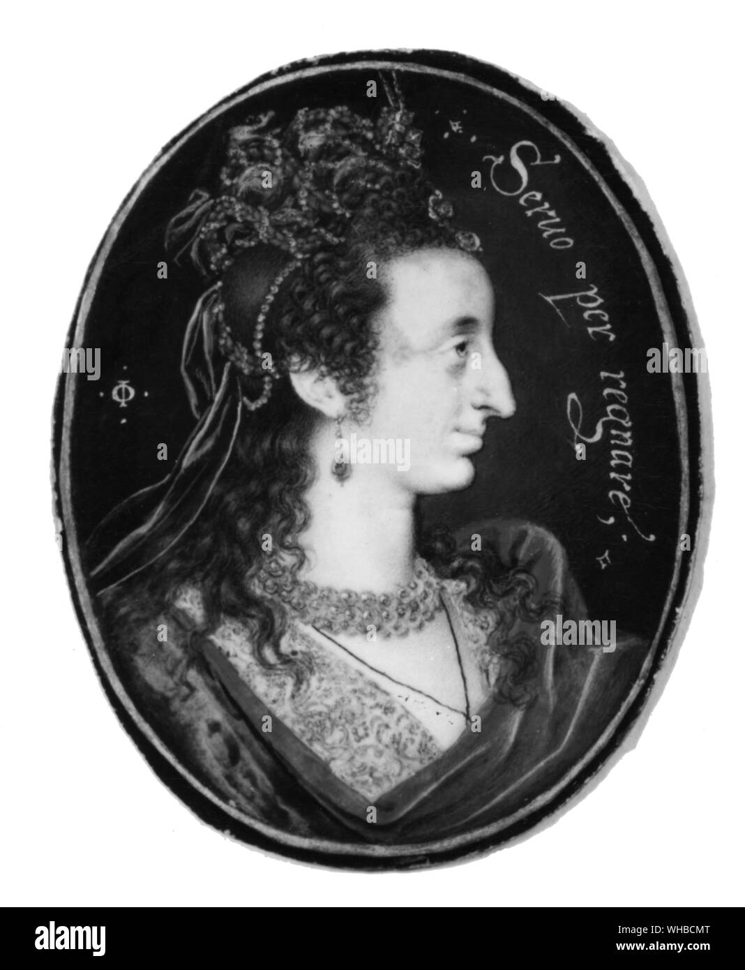 Minature de Anne de Danemark en costume masque par Isaac Oliver c 1610 . Par maryying James VI d'Ecosse, l'Angleterre est devenue Reine quand Ben Jonson était à son mieux pour écrire les masques qu'elle aimait Banque D'Images