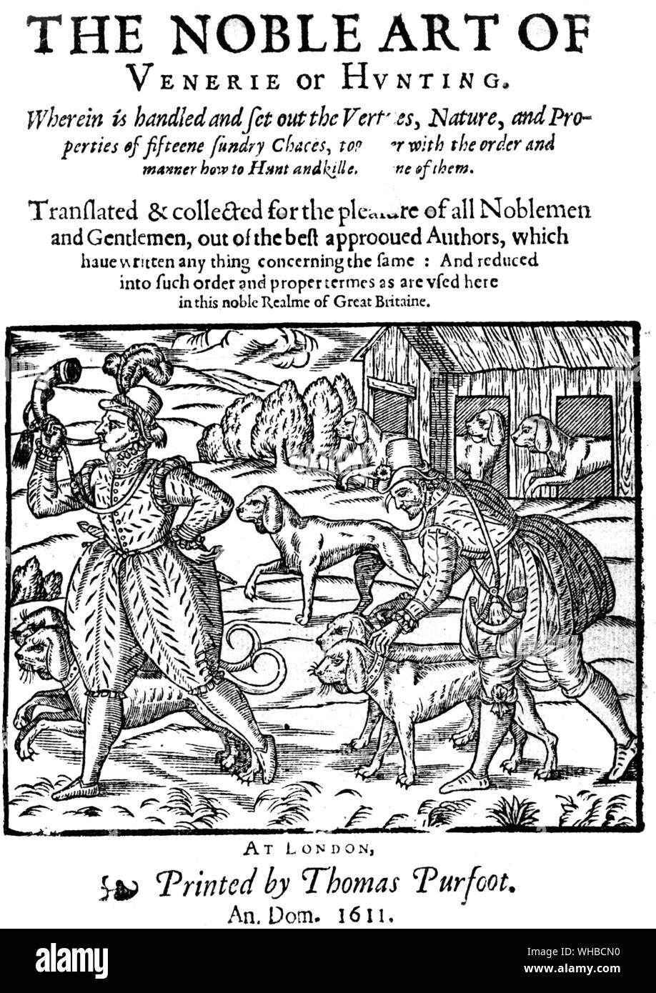 Gravure sur bois à partir de la page de titre de l'art noble de la chasse ou Venerie 1611 Banque D'Images