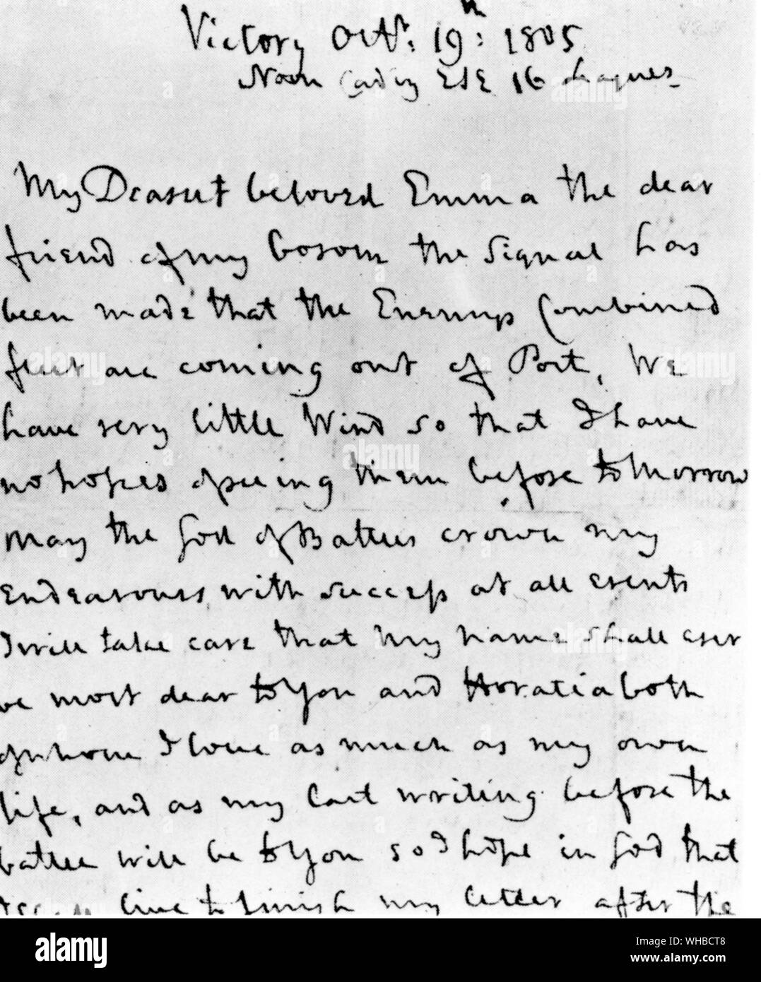 Une lettre de l'amiral Nelson à son épouse Emma écrit à bord de la Victoire 1805 Banque D'Images