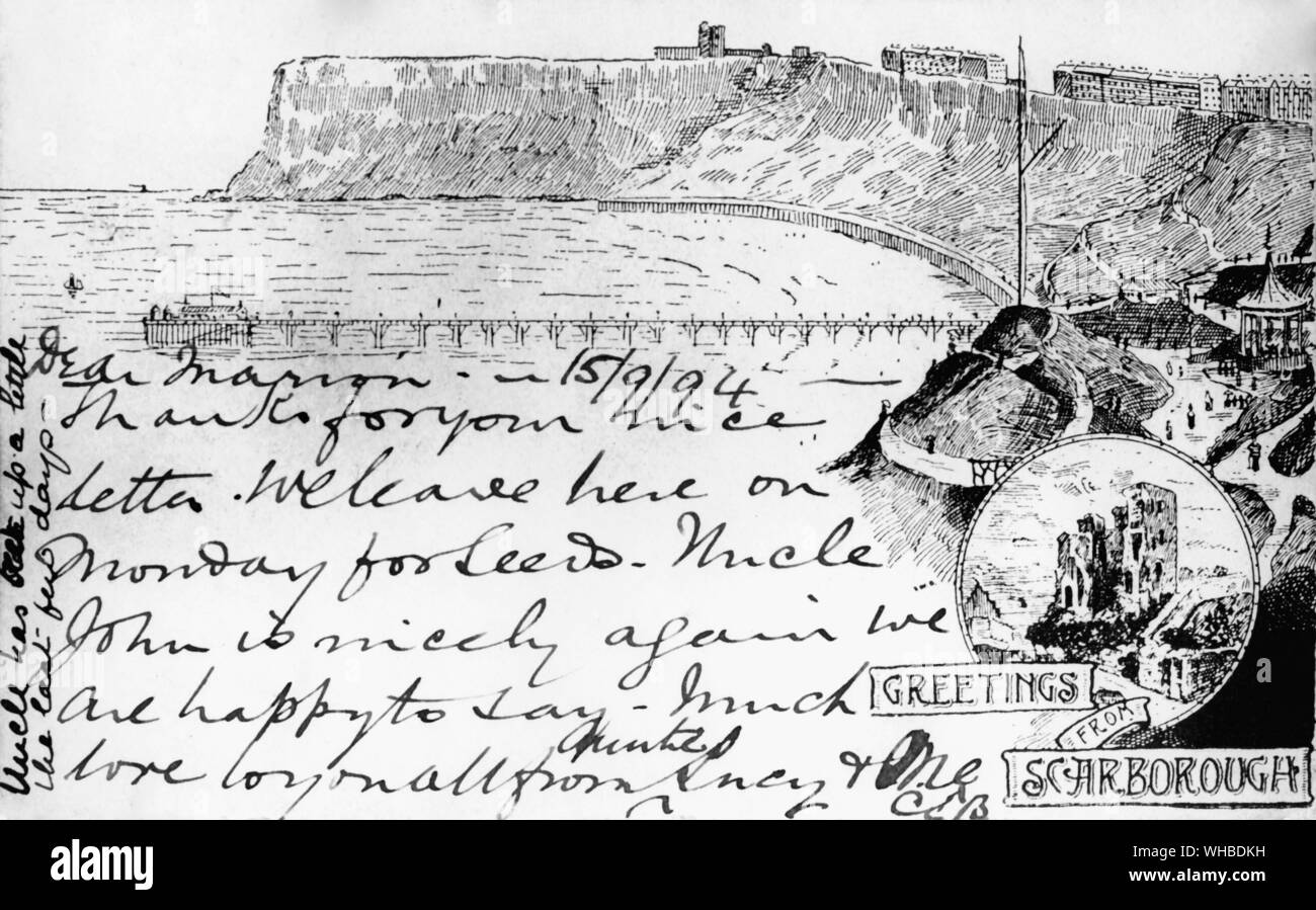 La première carte postale connu publié en Grande-Bretagne le 15 septembre 1894 - Salutations de Scarborough. Banque D'Images