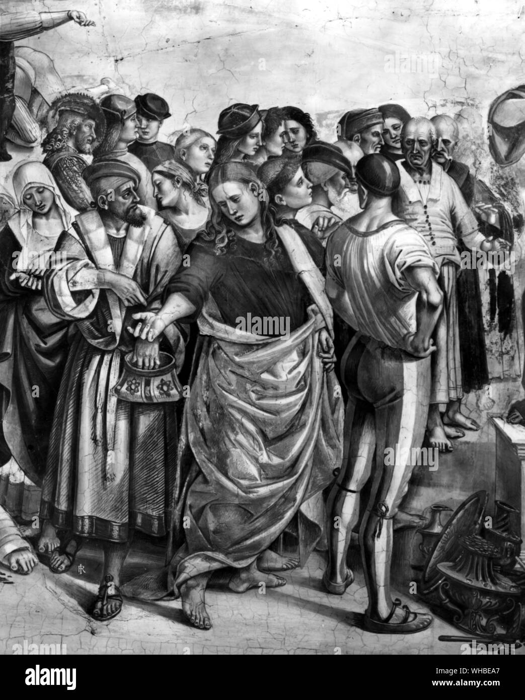 Détail de Signorelli, prédication de l'Anti Christ : Homme en haut à l'extrême gauche est la marque de la sharka Cesare c 1501 , qu'on trouve dans la Cathédrale d'Orvieto Banque D'Images