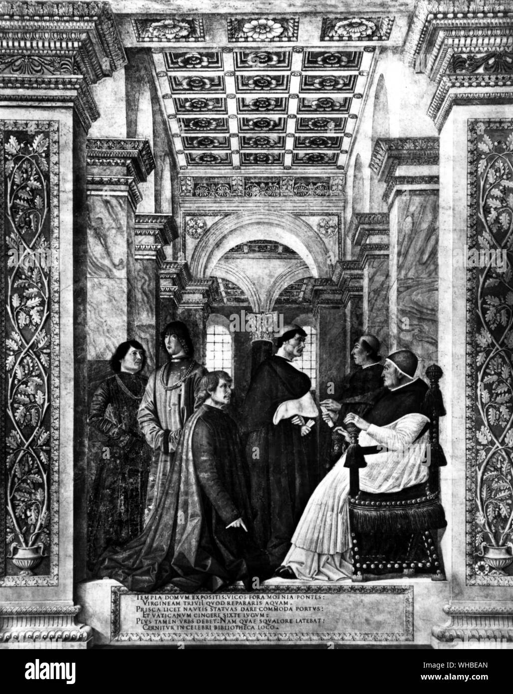 Fresque de Melozzo da Forli , Musée du Vatican , Rome , Italie : Montre le Cardinal Giuliano della Rovere avec Pietro et Girolamo Riario à Sixte IV, nomination de Platina comme bibliothécaire du Vatican Banque D'Images