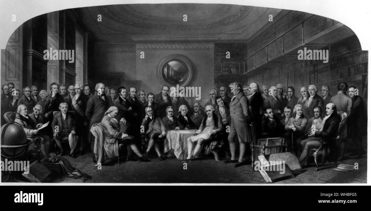 Les hommes de science en 1807-8 par W. Walker et G. Zobel - New contemporain Robert Rutherford Maskelynes Browne Henry Kater Allen William Hyde Wollaston Runford Murdoch. William Chapman Longrove William Herschel William Symington Edward Jenner William H. Smith John Cavendish Datton J. Brunell Matthew Boulton Thomas Telford William Rennie Samuel Crompton Edmund Cartwright francis Ronalds StanhopeJoseph Bramah Patrick Hiller Charles Tennant Bryan Donkin Huddart Henry Maudslay Humphrey Dary Edward Howard Thomas Young Gilbert. Banque D'Images
