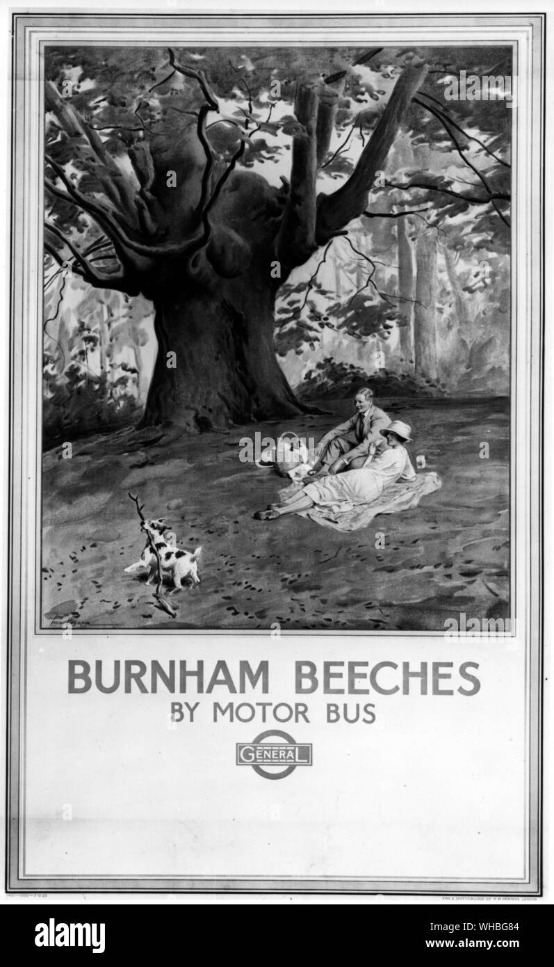 Une affiche publicitaire une ligne de bus à Burnham Beeches par autobus à moteur 1923 Banque D'Images