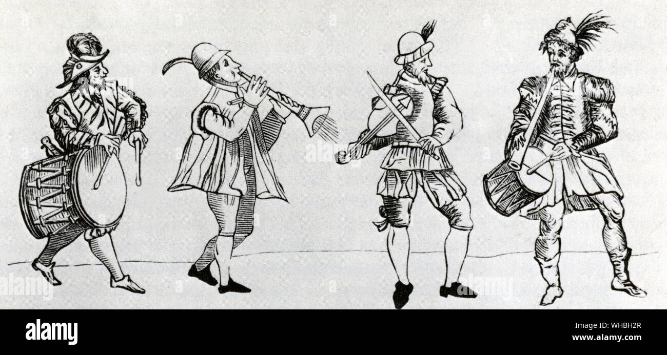 Pour soutenir le drame, tambours et cuivres, violons et tuyaux, ont été aplatis, sonné, grattés ou soufflé comme l'Elizabethan équivalent de la musique d'ambiance et des bruits off.. Banque D'Images
