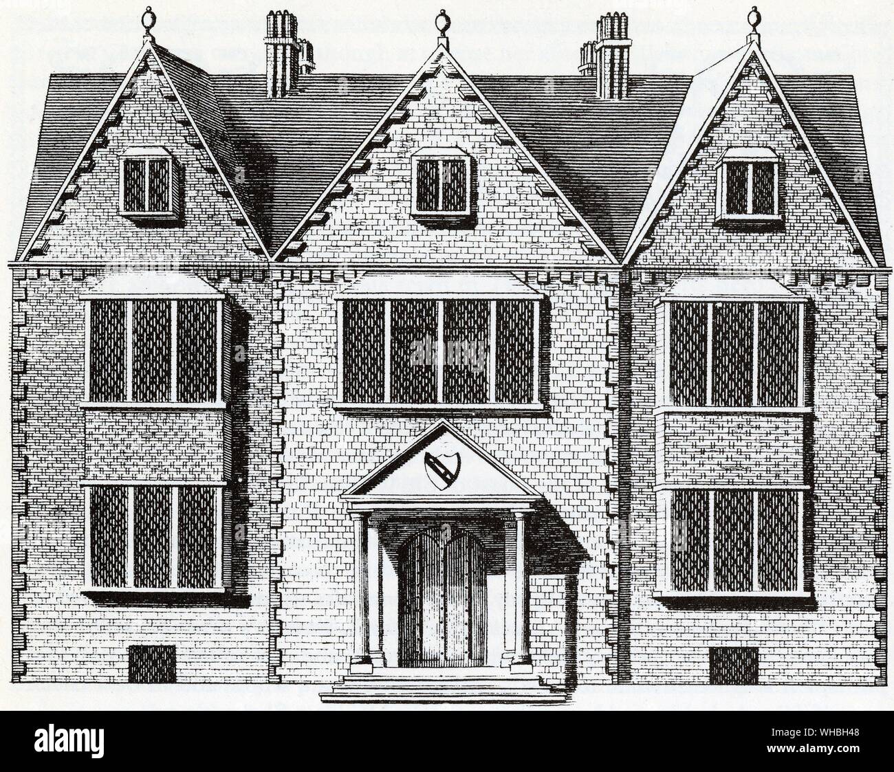 À l'exception de la crête, ce dessin fait "dans la marge d'un ancien Survey' présente Shakespeare's house, nouveau lieu, qu'il pourrait bien avoir l'air.. Nouveau lieu est le nom donné à William Shakespeare's dernier lieu de résidence à Stratford-upon-Avon au cours de sa retraite.. La Chambre s'est reposé sur la rue Chapel. Il a été construit en 1483 par Hugh Clopton, riche commerçant et futur Lord Maire de Londres. Shakespeare a acheté la maison en 1597 pour 60 livres sterling. Shakespeare était associé à Londres pour une grande partie de sa vie, et la tradition affirme qu'il a pris sa retraite à Stratford dans ses dernières années, bien que Banque D'Images