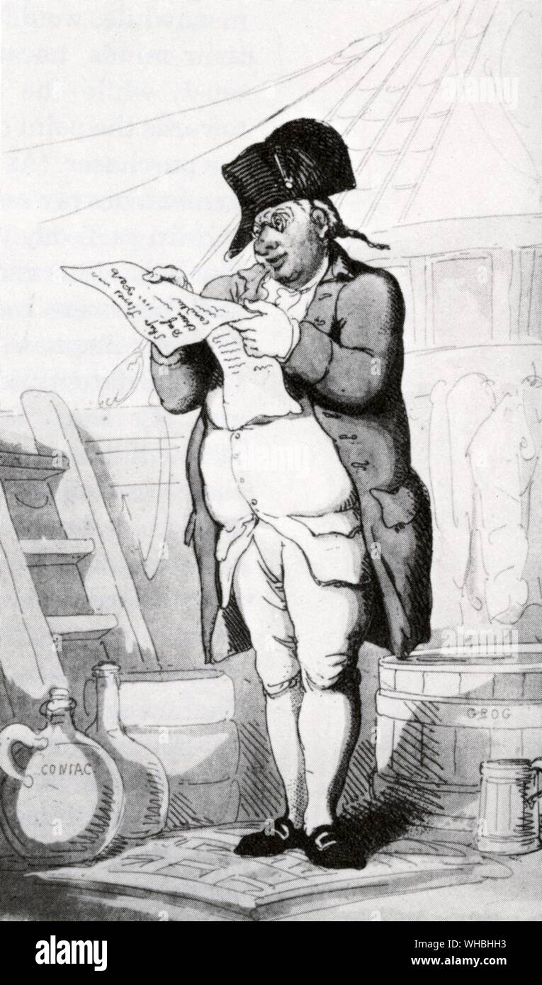 M. Nipcheese alias Mr Jeunot, ajuste la ration de rhum. Une caricature de Rowlandson. Banque D'Images