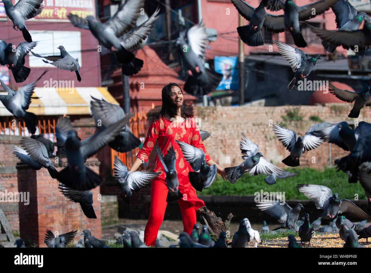 Katmandou, Népal. 09Th Sep 2019. Une fille a le pouvoir d'un pigeons dans les locaux de Pashupatinath temple pendant un festival Teej à Katmandou, au Népal, le lundi 2 septembre 2019.Au cours de ce festival, les femmes hindoues à observer une journée à jeûner et prier pour leurs maris et pour une heureuse vie conjugale. Ceux qui ne sont pas mariées prient pour un bon mari. (Photo de Prabin Ranabhat/Pacific Press) Credit : Pacific Press Agency/Alamy Live News Banque D'Images