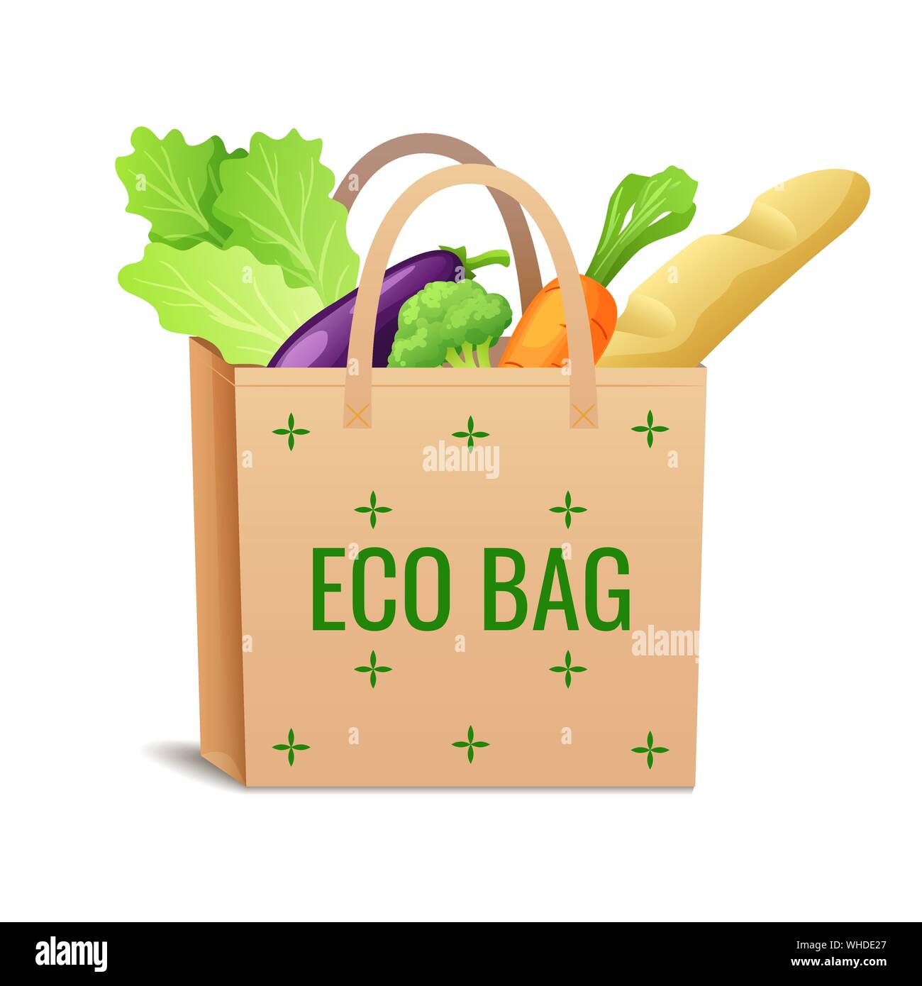 Papier brun ou de lin sac écologique avec des légumes frais, des aliments biologiques sains Illustration de Vecteur