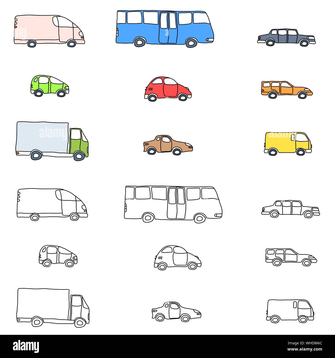 Cartoon Doodle icon set - véhicule collection avec des voitures, camionnettes, camions et un bus Illustration de Vecteur