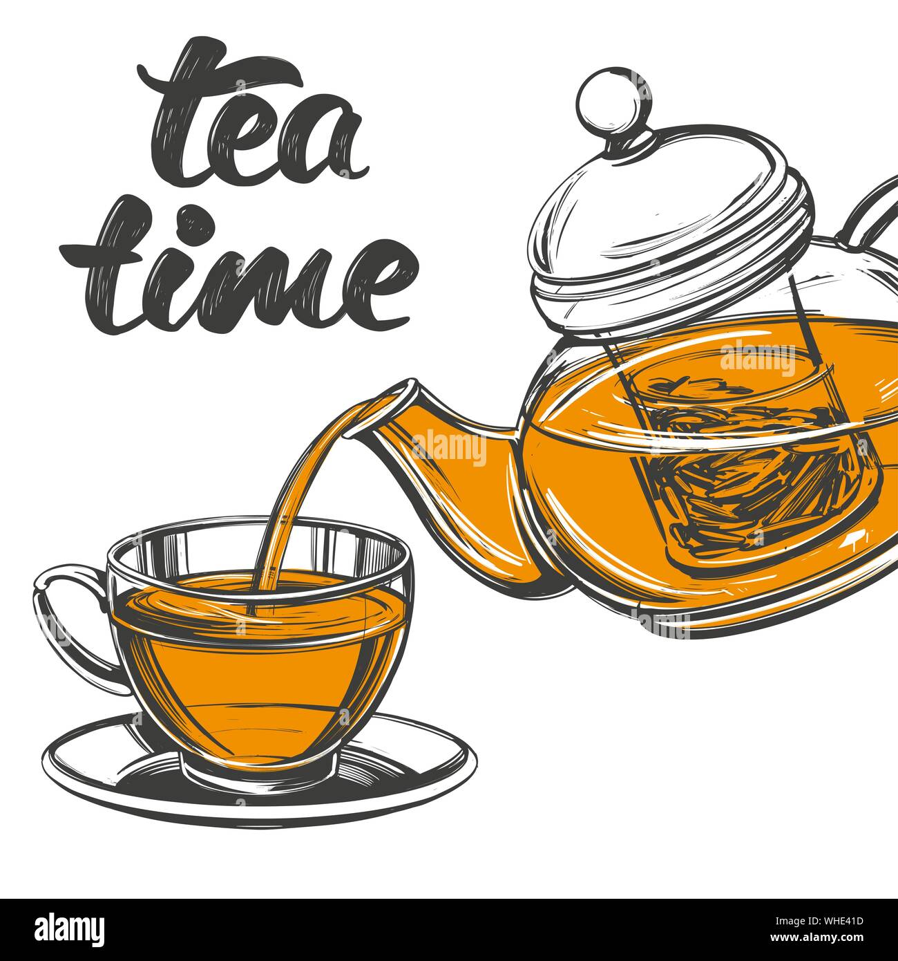 L'heure du thé tasse de thé et une théière isolé sur fond blanc hand drawn vector illustration croquis réalistes. Illustration de Vecteur
