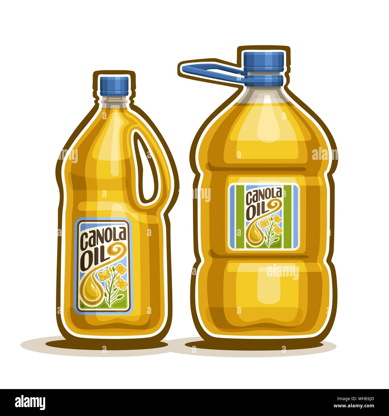 Grand Vecteur de bouteilles en plastique jaune avec de l'huile de canola et l'étiquette, gallon rempli canister cuisine pure huile de colza, grand récipient avec le liquide avec du colza Illustration de Vecteur