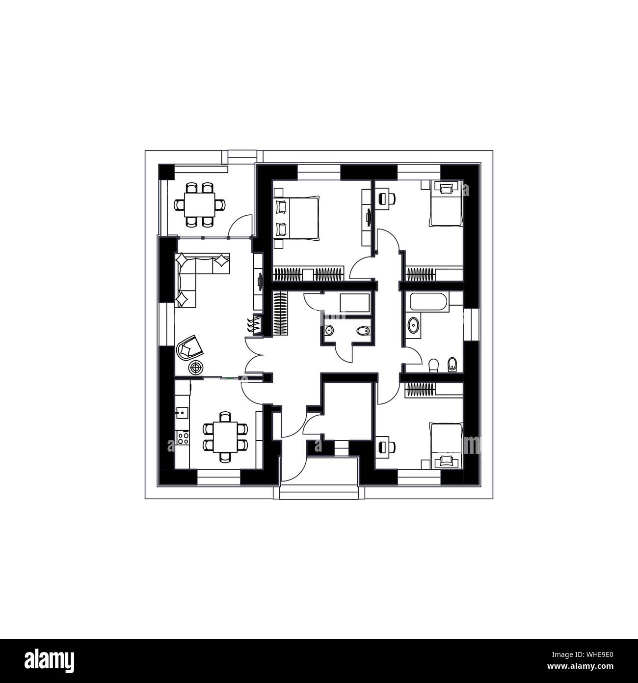 Plan d'architecture d'une maison. Le dessin de la petite maison. Isolé sur fond blanc. EPS10 Vector illustration noir Illustration de Vecteur