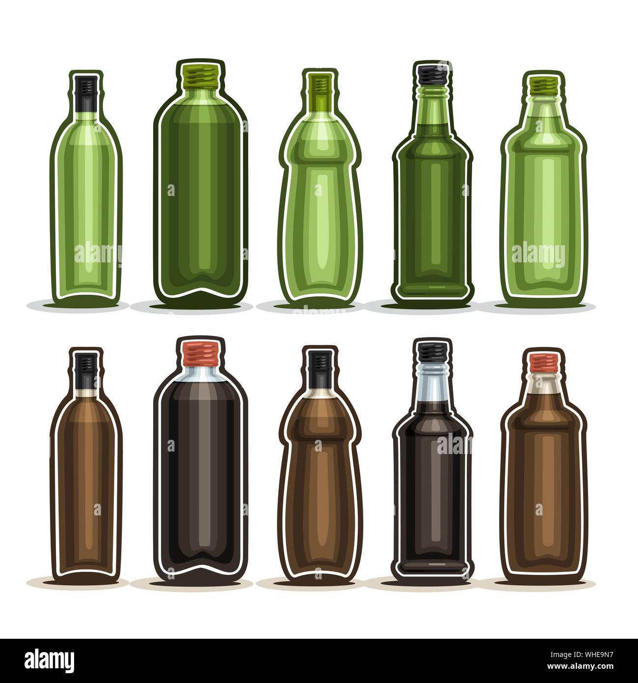 Vector Set de bouteilles en verre avec bouchon métallique pour boire de  l'alcool, collection de 10 contenants de plastique vert, brun avec  couvercle pour la cuisson de l'huile ou vinaigre balsamique vi