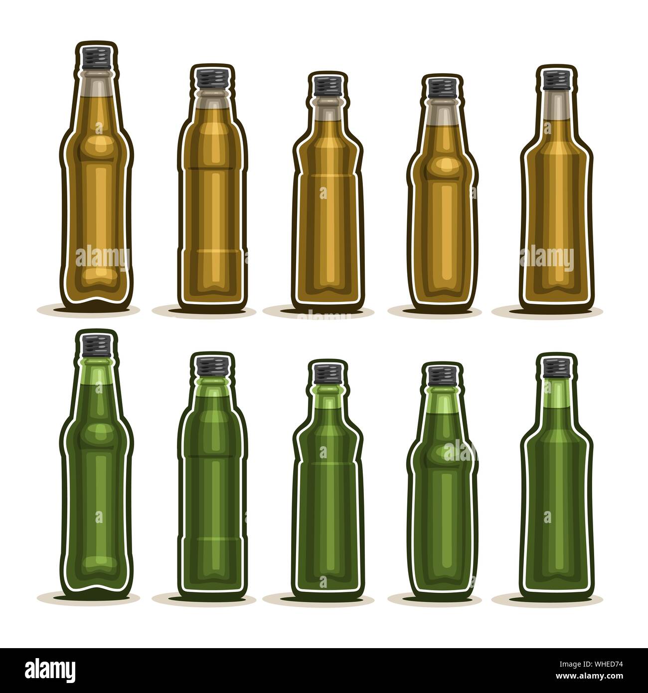 Vector Set de bouteilles en verre avec bouchon métallique pour fizzy drink, collection de 10 conteneurs en plastique vert et brun avec couvercle pour l'huile de sésame ou de fruits bever Illustration de Vecteur