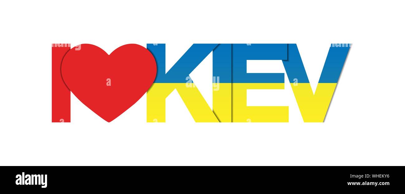 J'AIME KIEV. Bannière avec le cœur et le nom de la capitale de l'Ukraine, la couleur du drapeau national Illustration de Vecteur