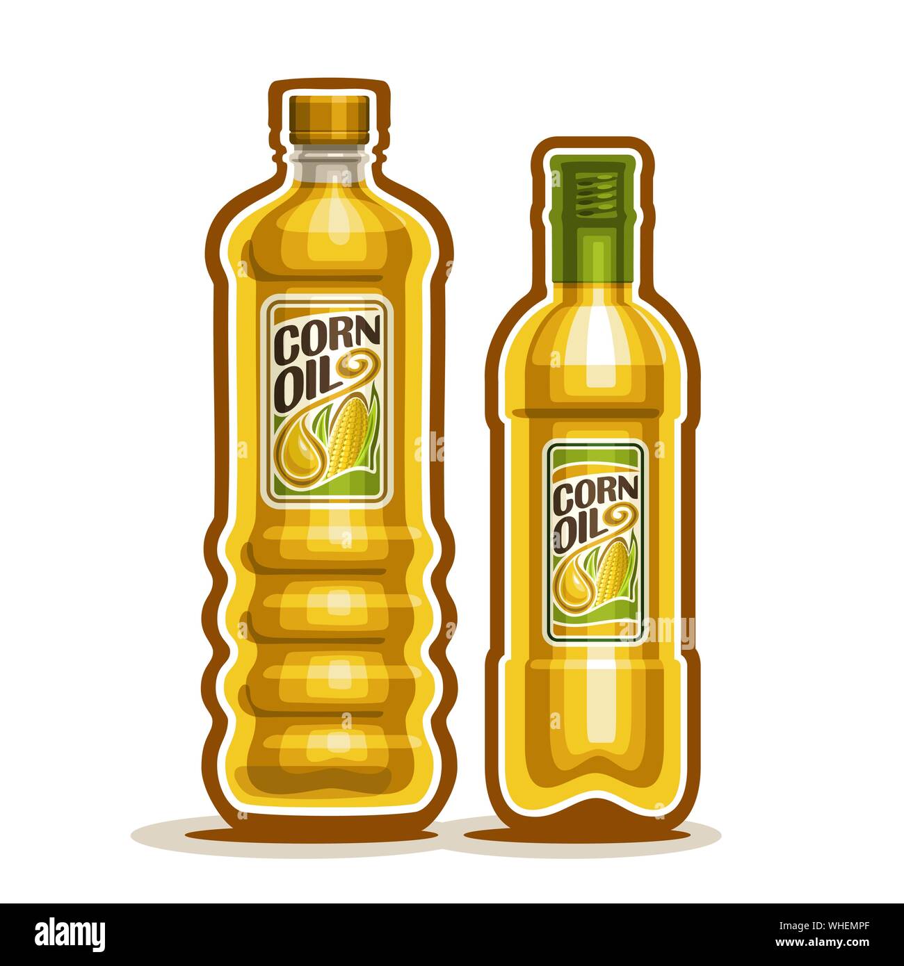 Vector et des bouteilles en verre en plastique jaune avec de l'huile de maïs pure et de l'étiquette des bouteilles, vierge raffinée de l'huile de cuisson du maïs, caricature grand récipient avec viscocoupleur l Illustration de Vecteur