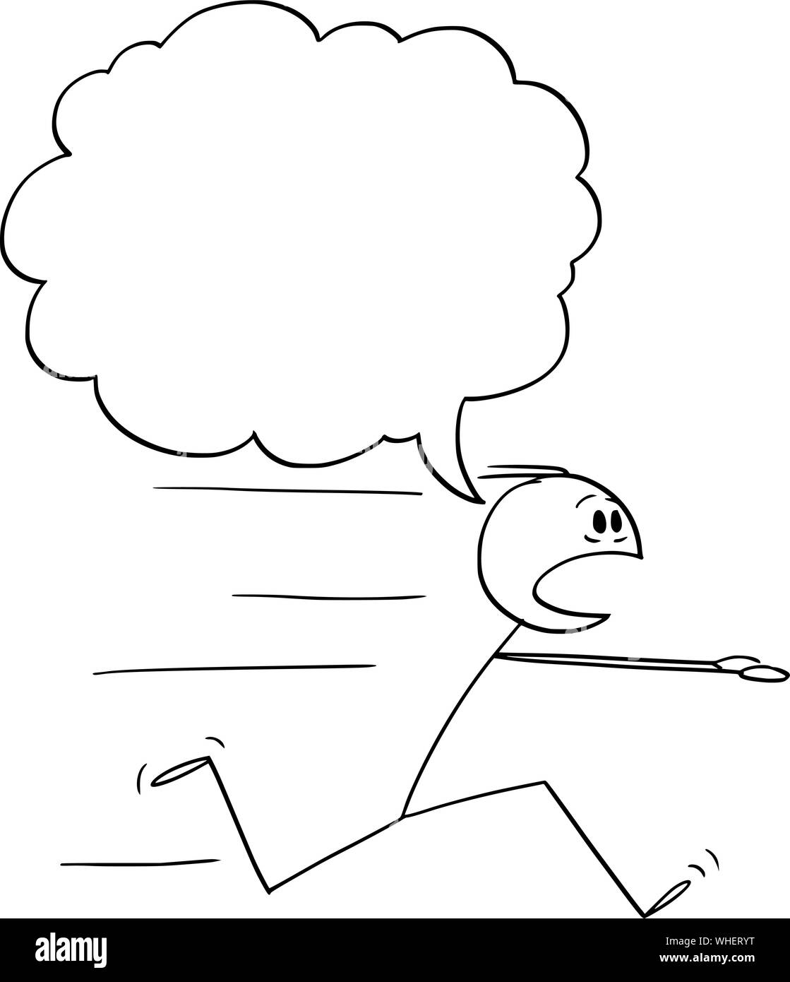 Vector cartoon stick figure dessin illustration conceptuelle de l'homme effrayé ou homme en fuite dans la peur avec bulle vide. Illustration de Vecteur