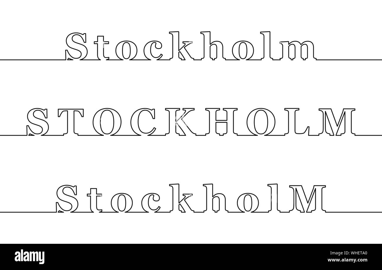 Stockholm. Le nom de la capitale de la Suède, sous la forme d'une ligne de contour. Les lettres majuscules et minuscules Illustration de Vecteur