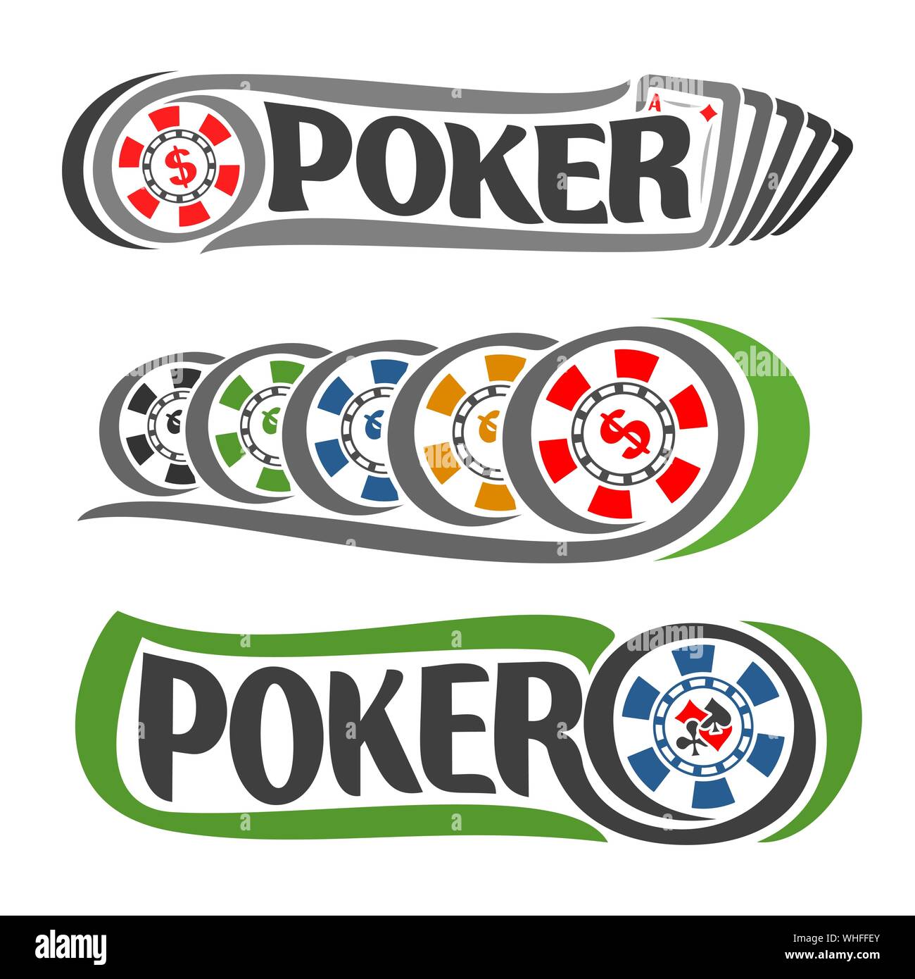 Vector set de Poker logo, cinq cartes à jouer pour jouer et multicolores avec le signe dollar. Illustration de Vecteur