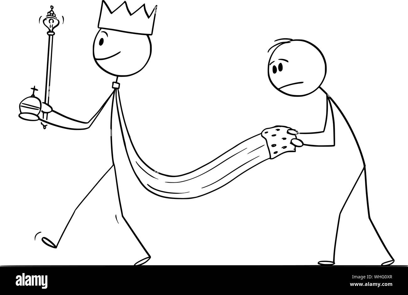 Vector cartoon stick figure dessin illustration conceptuelle de fantaisie ou roi médiéval marcher avec serviteur tenant sa robe. Illustration de Vecteur