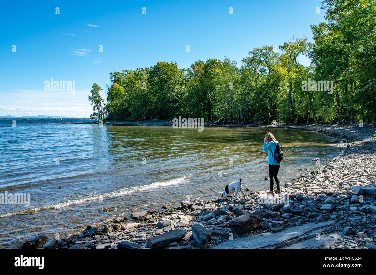 Female hiker avec promenade de chiens à côté du lac Banque D'Images