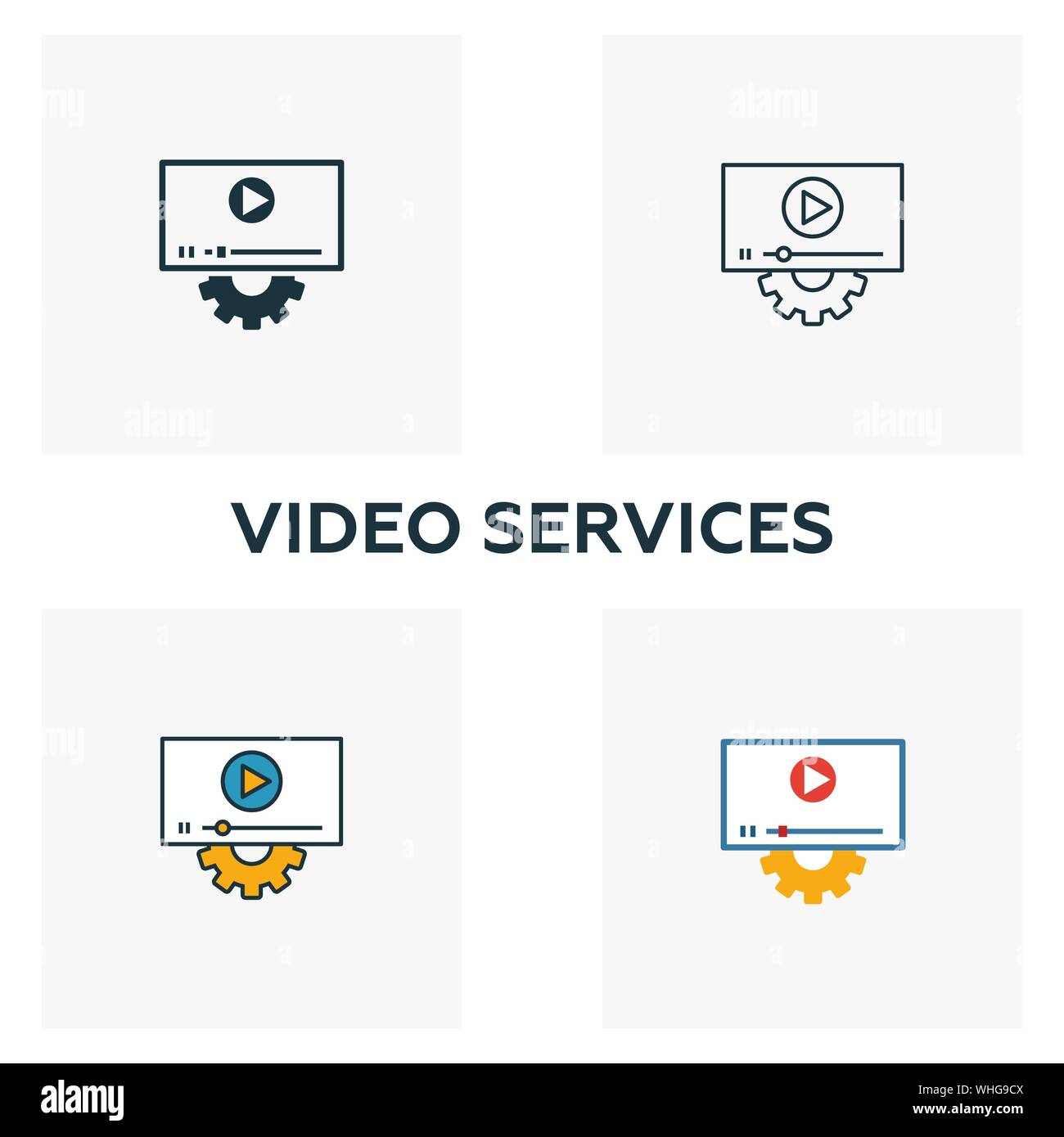 Services vidéo icon set. Quatre éléments de styles différents de la conception et de l'interface utilisateur ux collection d'icônes. Icônes de services vidéo créatif rempli, contours Illustration de Vecteur