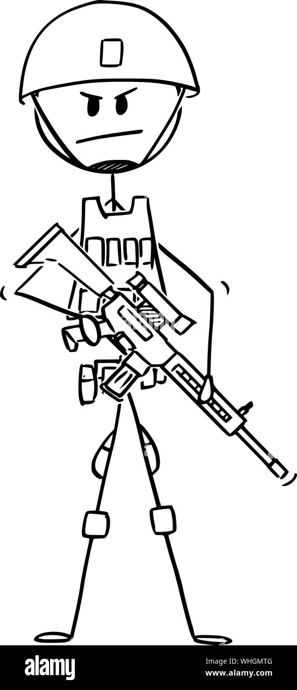 Vector cartoon stick figure dessin illustration conceptuelle de soldat de l'armée moderne en camouflage gilet et casque et armés de fusil. Illustration de Vecteur