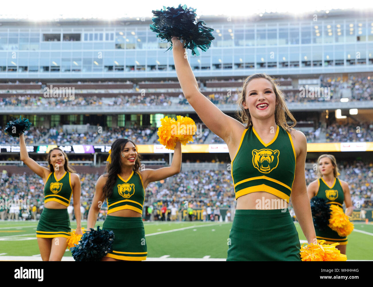 31 août 2019 : Baylor Bears cheerleaders durant la 1ère moitié de la NCAA Football match entre Stephen F. Austin bûcherons et le Baylor Bears à McLane Stadium à Waco, Texas. Matthew Lynch/CSM Banque D'Images