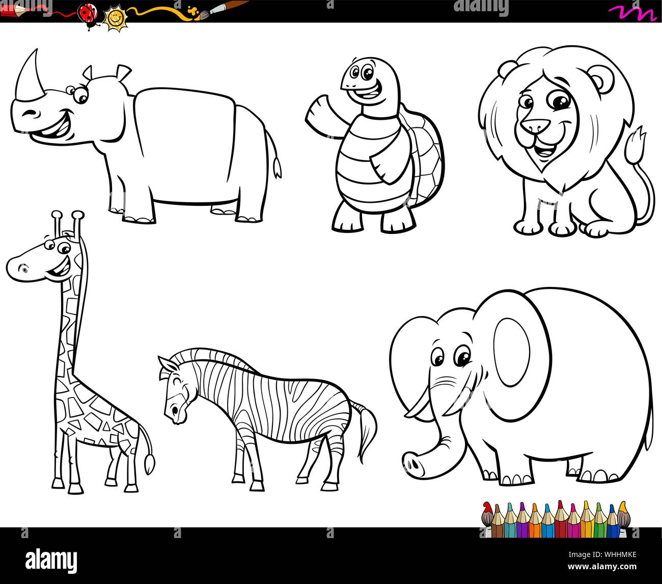 Livre de coloriage noir et blanc Illustration Cartoon personnages rigolo des animaux sauvages Collection Illustration de Vecteur