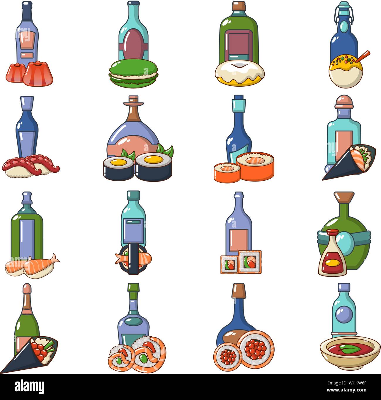 L'alcool japonais icons set, cartoon style Illustration de Vecteur