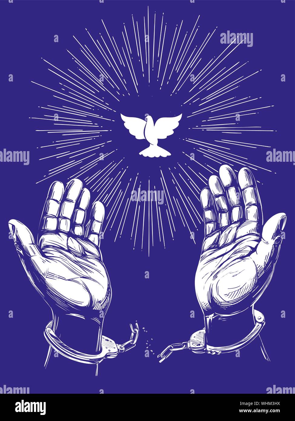 Colombe symbole chrétien avec les rayons lumineux, les mains briser la chaîne des menottes, un symbole de liberté et de pardon à la main l'icône illustration vectorielle sketc Illustration de Vecteur