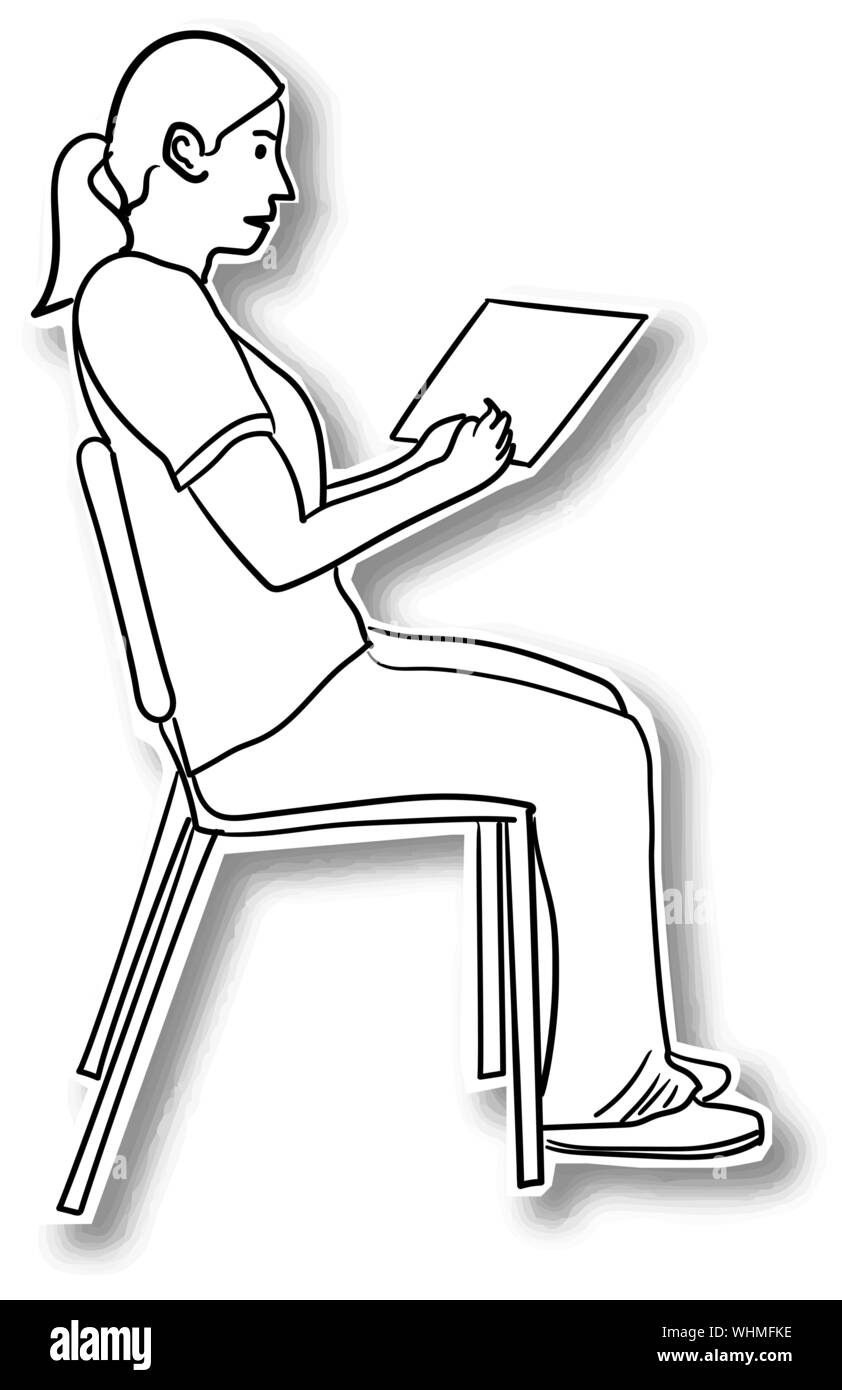 Étudiante assise sur une chaise avec une tablette, isolé sur un fond blanc. Contours vector illustration Illustration de Vecteur