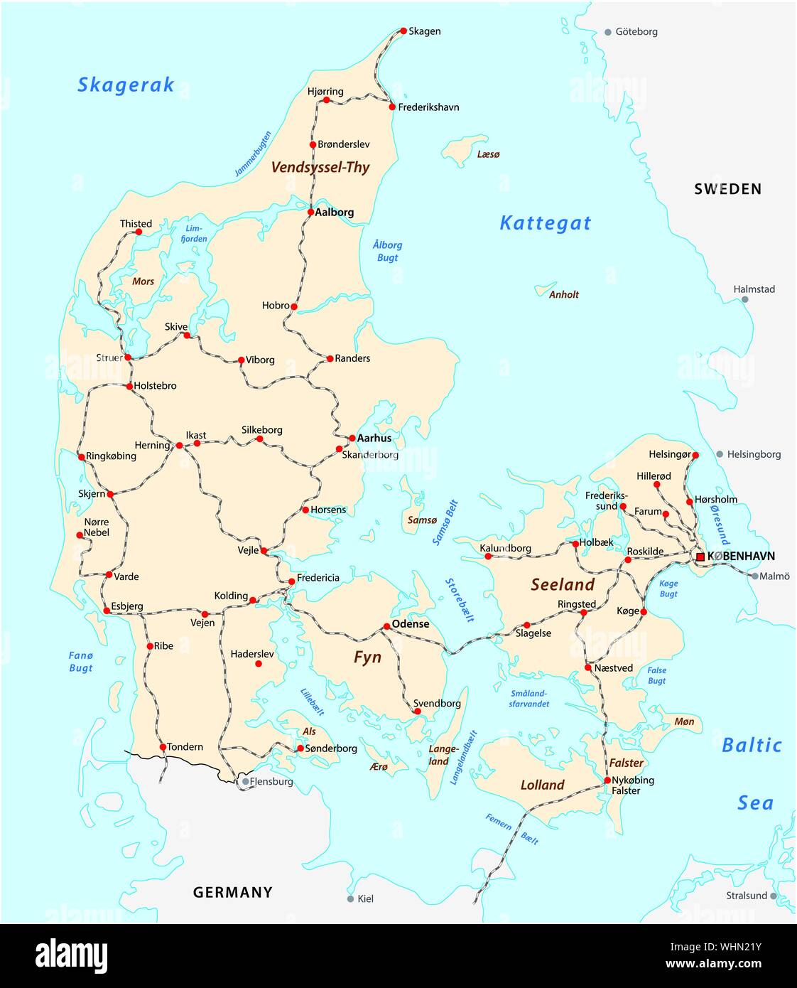 Carte des principales voies de chemin de fer au Danemark Illustration de Vecteur
