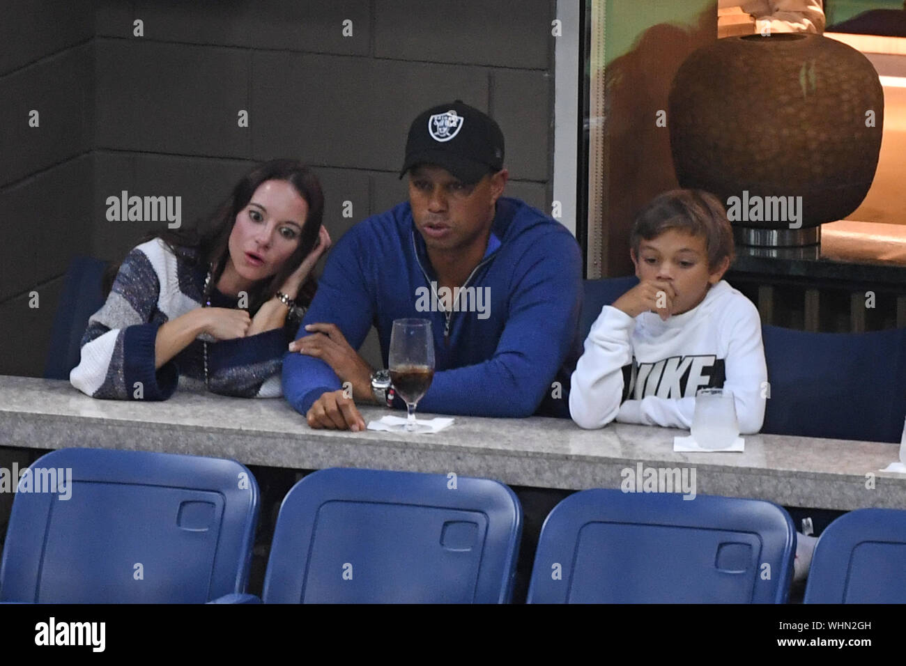 Queens, NY, USA. 09Th Sep 2019. Tiger Woods vu avec ma copine Erica Herman  et ses enfants Sam et Charlie regardant Rafael Nadal Vs Marin Cilic sur  Arthur Ashe Stadium de l'USTA