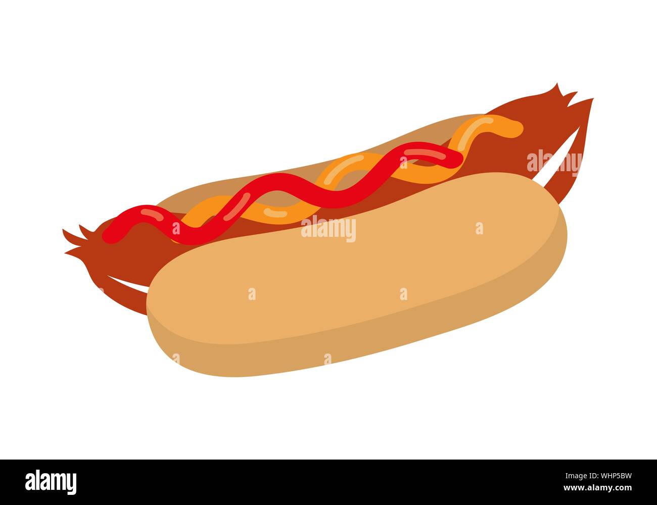 Hot-dog avec du ketchup et de la moutarde. Restauration rapide sur un fond blanc. Télévision style design. Vector illustration Illustration de Vecteur