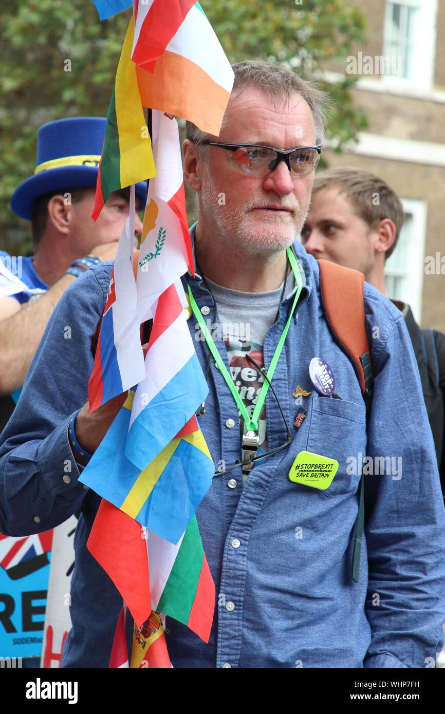 Londres, Royaume-Uni. 09Th Sep 2019. Un manifestant est titulaire drapeaux lors de l'arrêt Brexit, arrêter le coup d'État, la démocratie Pro manifestation devant le bureau du Cabinet. Credit : SOPA/Alamy Images Limited Live News Banque D'Images