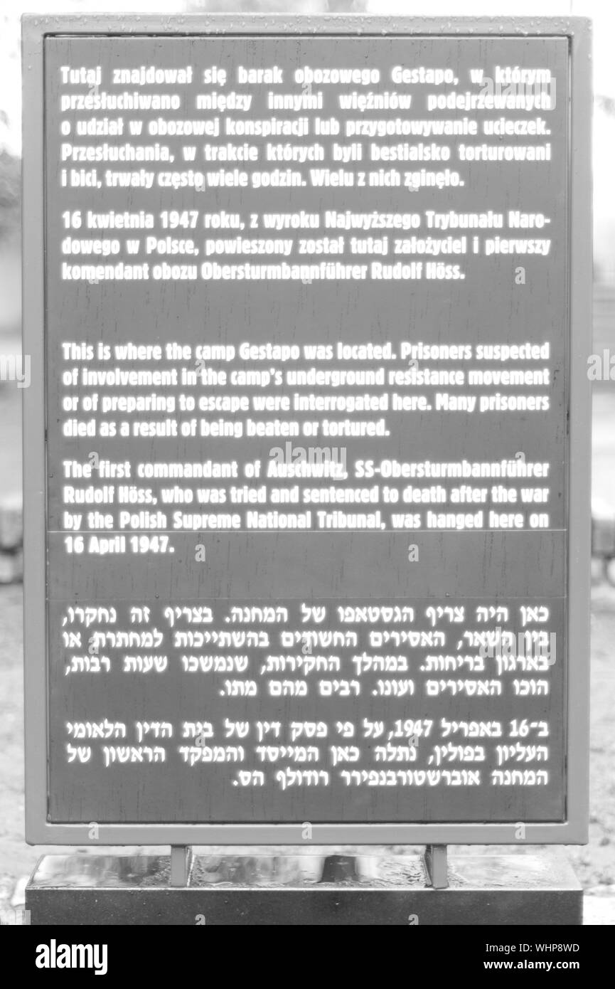 Plaque au camp de concentration d'Auschwitz à Oświęcim, Pologne Banque D'Images