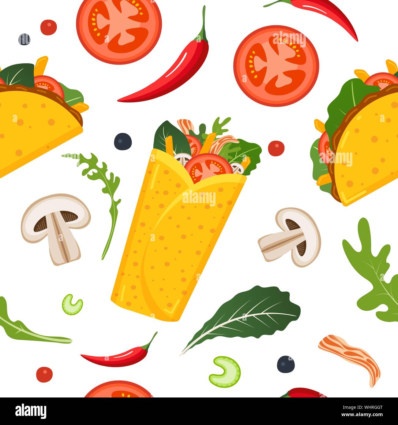 La nourriture mexicaine modèle homogène. Burrito, taco, piment vert et la laitue. Arrière-plan coloré, joli style. Vector illustration. Illustration de Vecteur